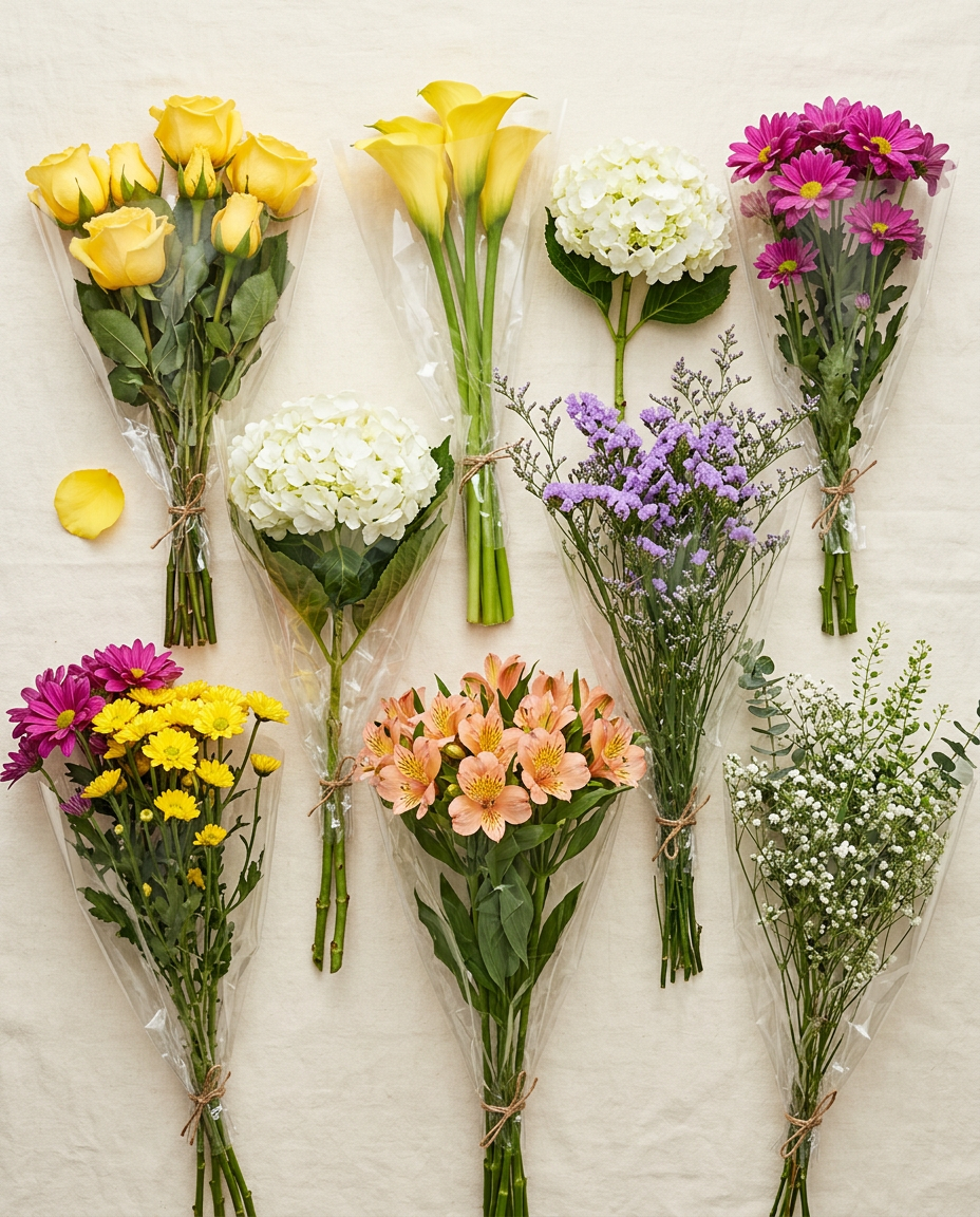 Loose grocery-store flower bunches laid out on ivory linen