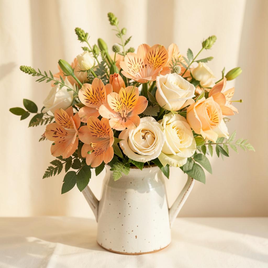 Peach Housewarming Pitcher arrangement